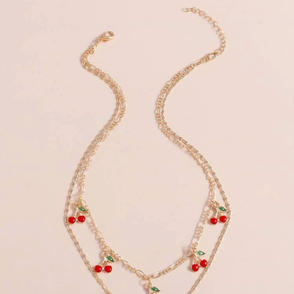🍒 Lovely Double Layered Cherry Fruit Glitter Heart Necklace ❤️ - Picture 3 of 5